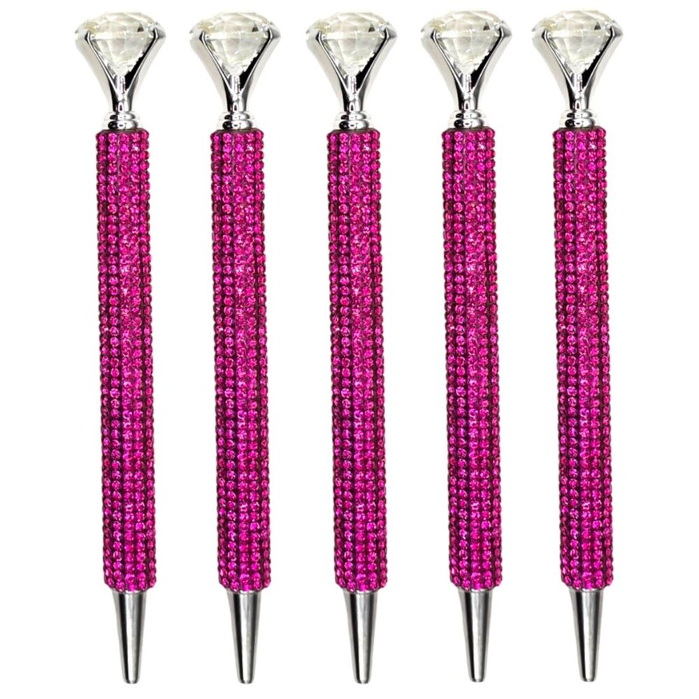 🟢 5️⃣ Pack Bling Rhinestone Crown Fuchsia Hot Pink Ballpoint Pens